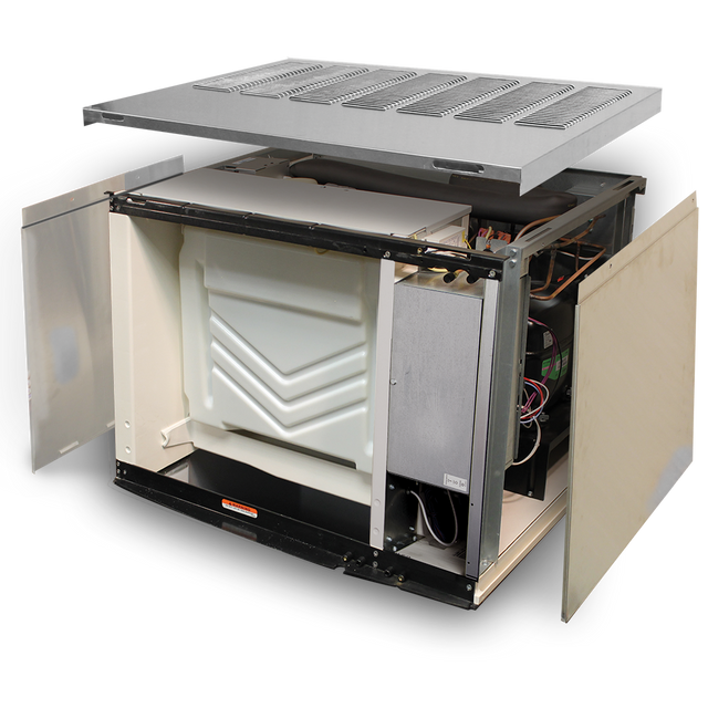 An industrial metal box, the Koolaire K-Series 1700 with Top Air Discharge Kit, features open lid and side panels revealing a large white tank, wires, circuit boards, and electronic parts inside a rectangular frame on a white background.