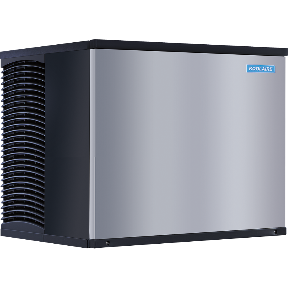 A high capacity ice machine with a sleek stainless steel front panel, black side vents, and a small blue “Koolaire” logo on the top right. This air-cooled ice maker is photographed against a plain white background for a clean look.