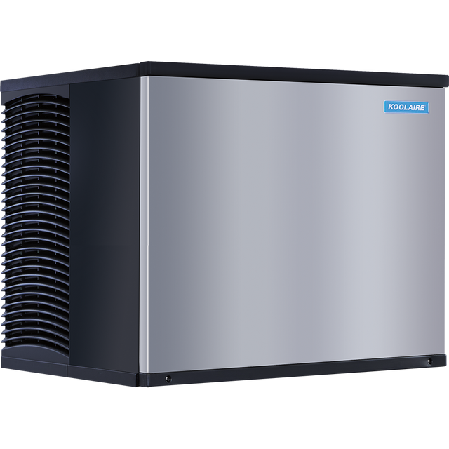 A high capacity ice machine with a sleek stainless steel front panel, black side vents, and a small blue “Koolaire” logo on the top right. This air-cooled ice maker is photographed against a plain white background for a clean look.
