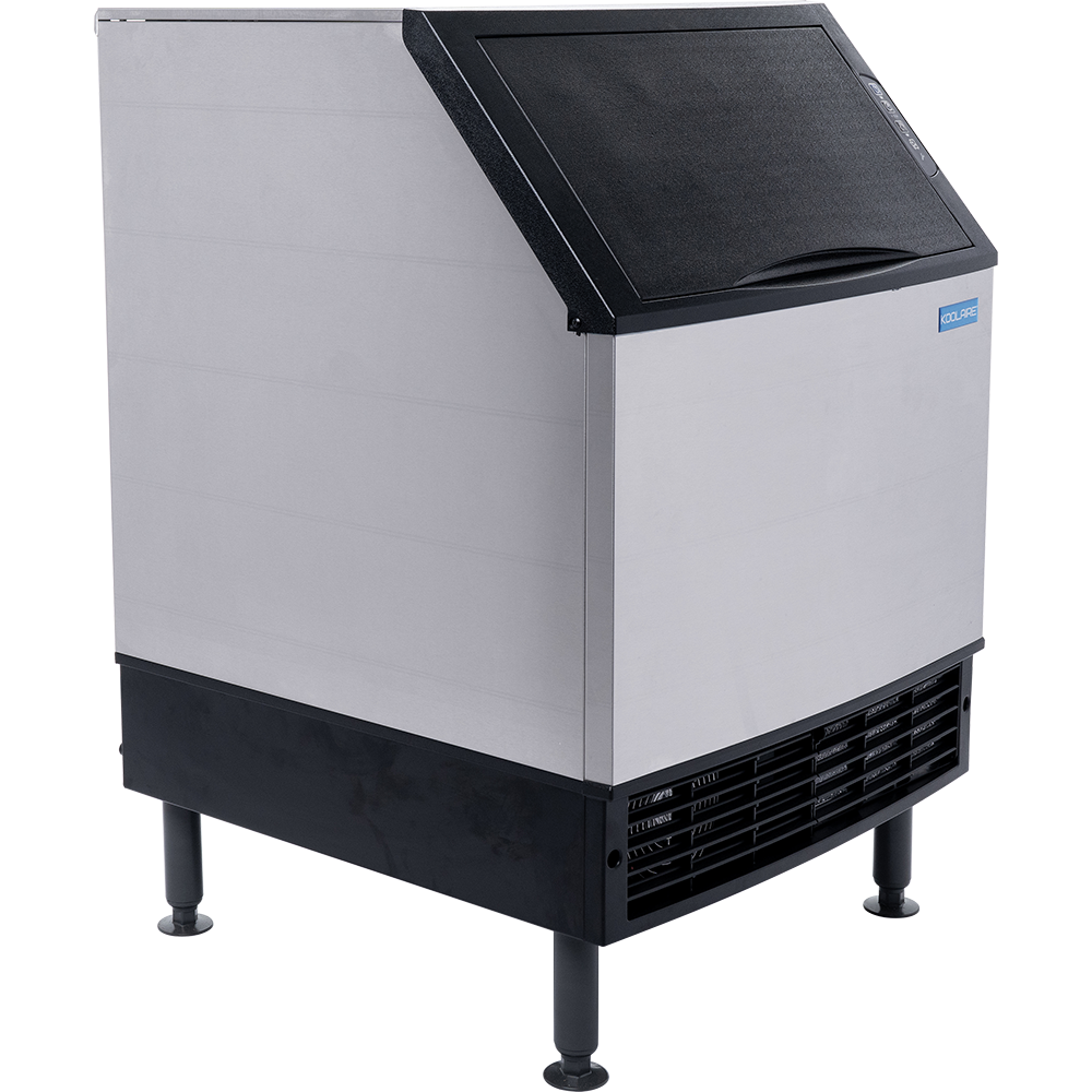 A commercial air-cooled ice maker with a stainless steel body, black vented base, four adjustable legs, and a slanted black door on top. This Undercounter Ice Kube Machine features 168 lb ice production and a front grated vent for air circulation.