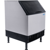 A commercial air-cooled ice maker with a stainless steel body, black vented base, four adjustable legs, and a slanted black door on top. This Undercounter Ice Kube Machine features 168 lb ice production and a front grated vent for air circulation.