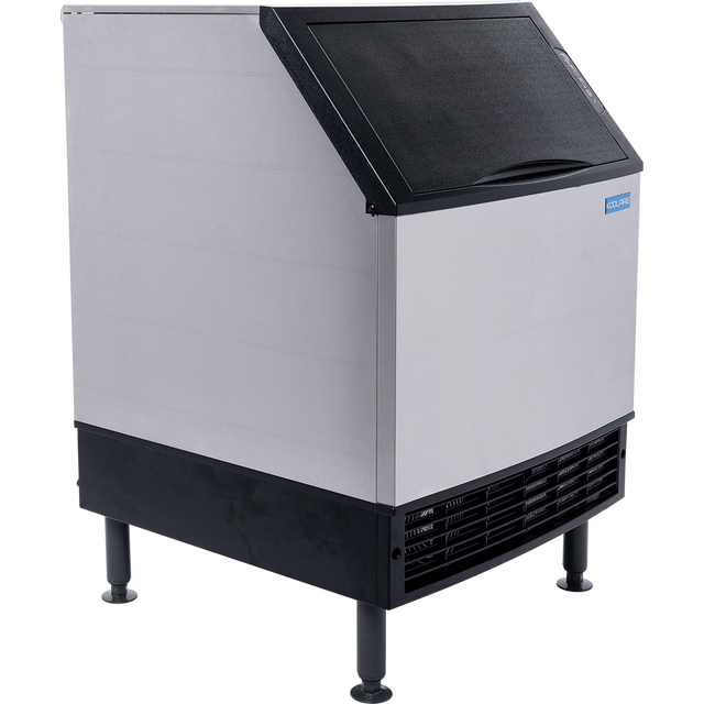 A commercial air-cooled ice maker with a stainless steel body, black vented base, four adjustable legs, and a slanted black door on top. This Undercounter Ice Kube Machine features 168 lb ice production and a front grated vent for air circulation.