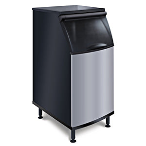 A commercial ice storage bin with a stainless steel front panel, black sides, and an angled lid. This modern unit features 383 lb capacity and adjustable legs, making it ideal for restaurants or food service settings alongside your ice maker.