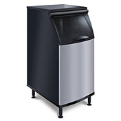 A commercial ice storage bin with a stainless steel front panel, black sides, and an angled lid. This modern unit features 383 lb capacity and adjustable legs, making it ideal for restaurants or food service settings alongside your ice maker.