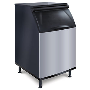 A commercial ice storage bin with a stainless steel front, black sides, and a black curved top hatch for accessing ice. This modern unit offers 532 lb ice storage and stands on four short legs, ideal for restaurant or food service use.
