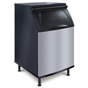 A commercial ice storage bin with a stainless steel front, black sides, and a black curved top hatch for accessing ice. This modern unit offers 532 lb ice storage and stands on four short legs, ideal for restaurant or food service use.