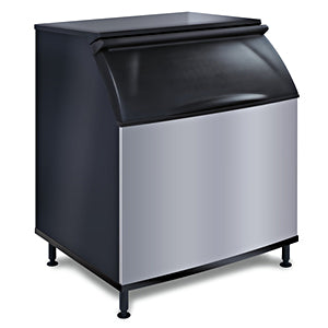 A commercial ice storage bin with a sleek, modern design features a top-hinged front opening door, black top and sides, curved black lid, and stainless steel front panel. It stands on four black legs and is photographed against a white background.