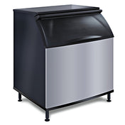 A commercial ice storage bin with a sleek, modern design features a top-hinged front opening door, black top and sides, curved black lid, and stainless steel front panel. It stands on four black legs and is photographed against a white background.