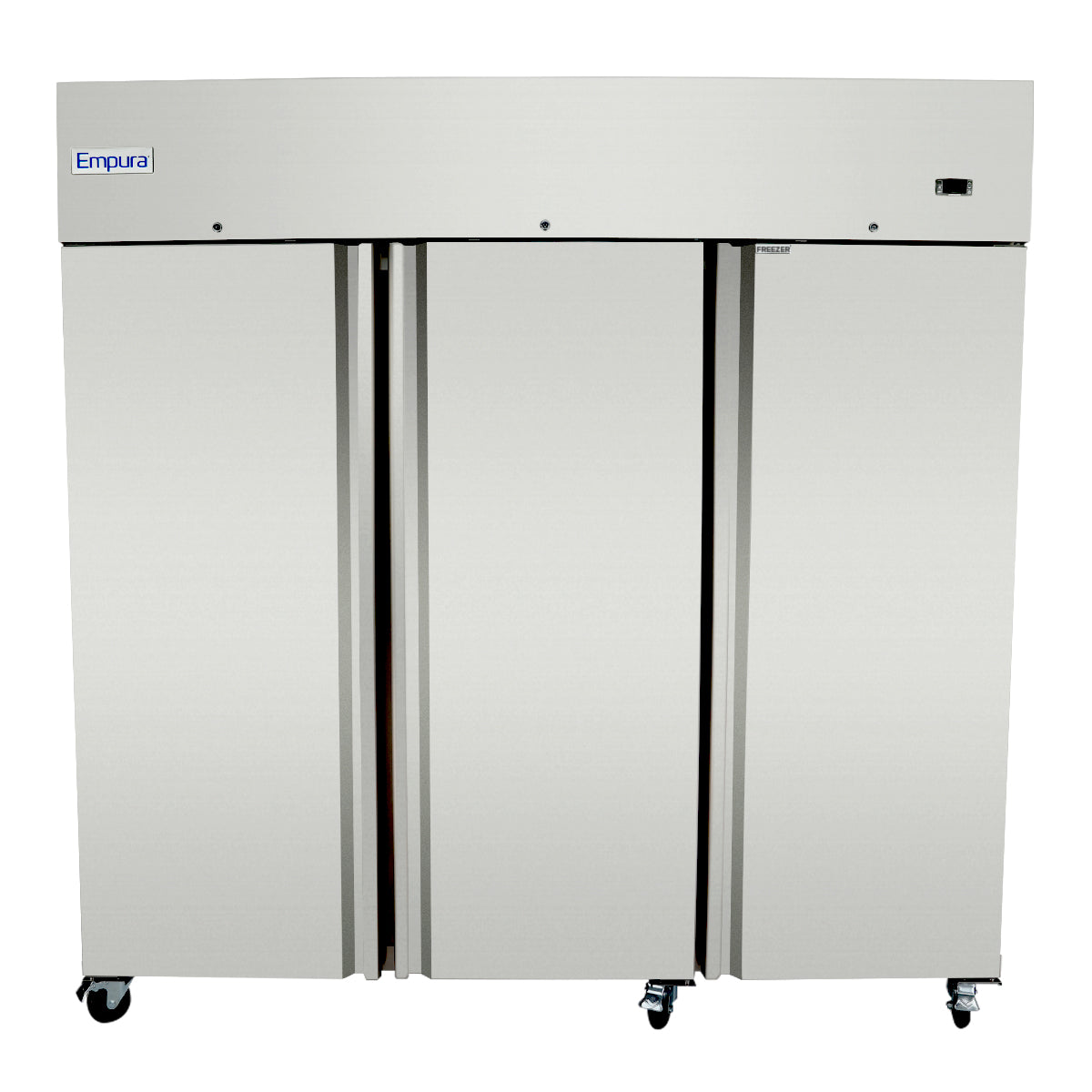 A large Empura Refrigeration reach-in freezer with three vertical doors, each featuring a handle. The stainless steel commercial unit is on wheels for easy mobility and displays the Empura logo in the upper left corner against a plain white background.