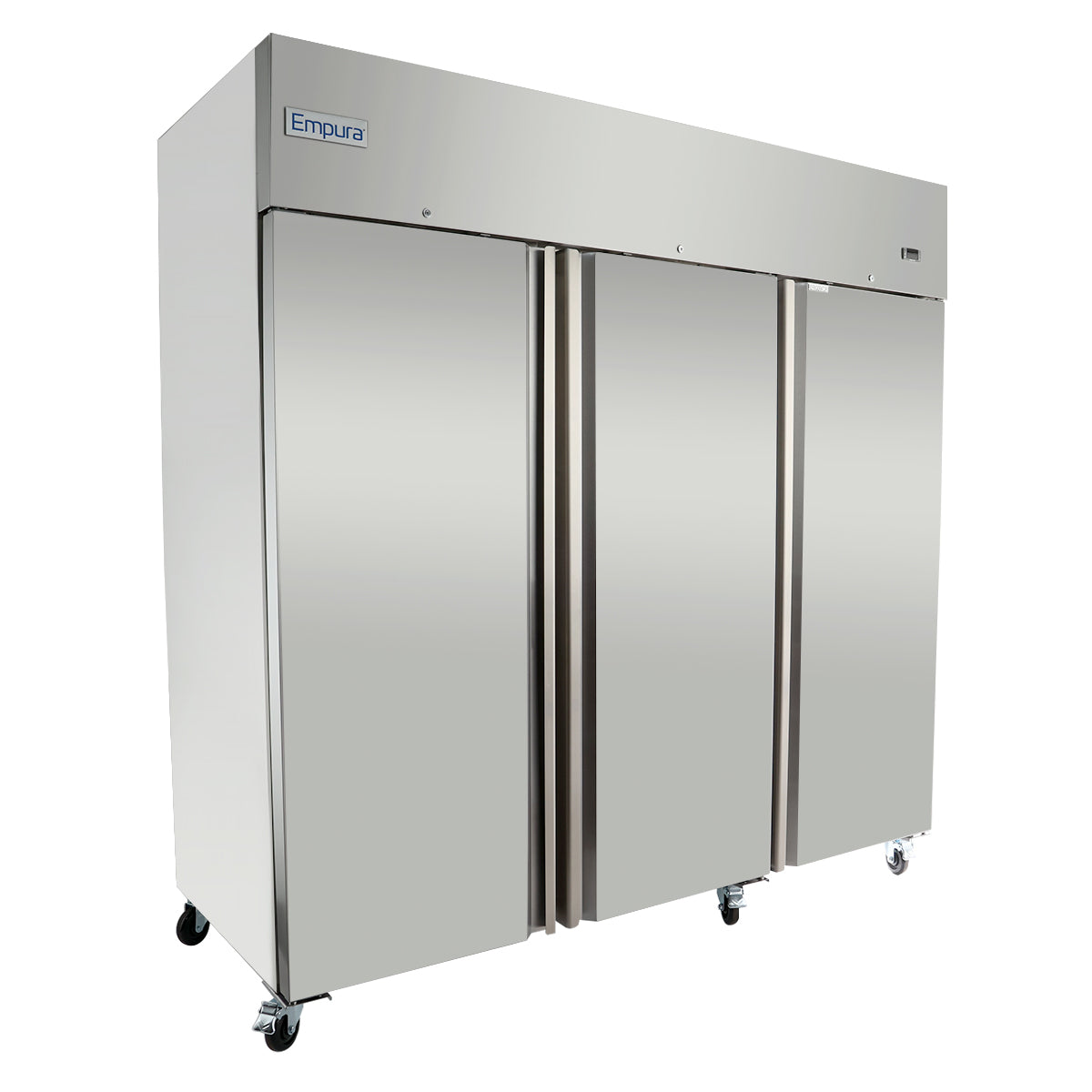 A large, stainless steel Empura Refrigeration commercial freezer with three vertical doors, each featuring long handles. The unit has four caster wheels for mobility and a small brand label at the top left corner. The surface is reflective and clean.