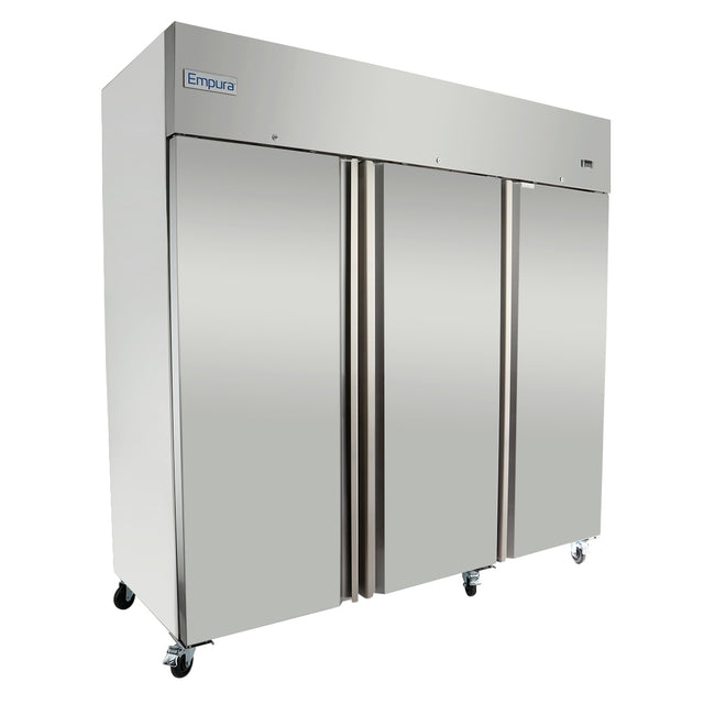 A large, stainless steel Empura Refrigeration commercial freezer with three vertical doors, each featuring long handles. The unit has four caster wheels for mobility and a small brand label at the top left corner. The surface is reflective and clean.