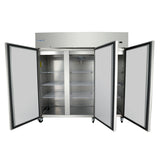 A large Empura Refrigeration commercial freezer stands on caster wheels, its double doors wide open to reveal multiple adjustable wire shelves inside. The reach-in freezer’s interior is empty and spotlessly clean.