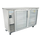 A commercial Empura glass door refrigerator with two glass doors, wire shelves, a visible cooling vent on the bottom left, sturdy handles, and caster wheels for mobility. The flat top adds workspace—ideal as a back bar cooler in busy settings.