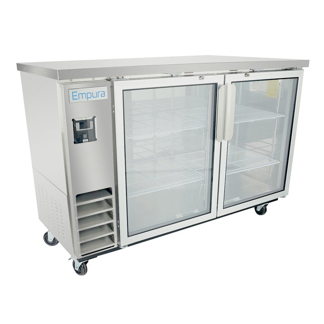 A commercial Empura glass door refrigerator with two glass doors, wire shelves, a visible cooling vent on the bottom left, sturdy handles, and caster wheels for mobility. The flat top adds workspace—ideal as a back bar cooler in busy settings.