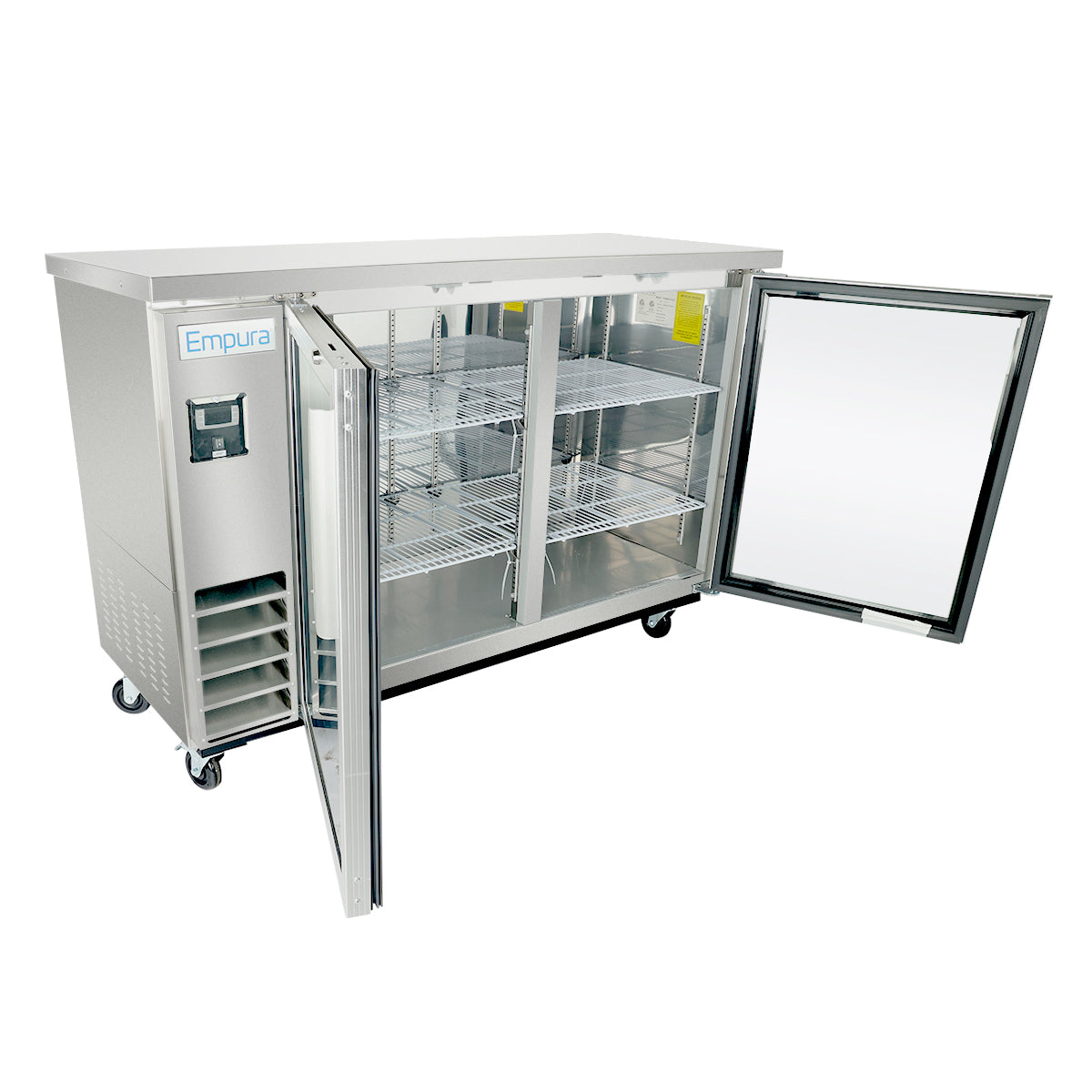 A stainless steel Empura refrigeration glass door refrigerator stands on wheels, both glass doors open to reveal metal wire shelves inside. The unit features a flat top surface and visible ventilation on the lower left side.