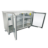 A stainless steel Empura refrigeration glass door refrigerator stands on wheels, both glass doors open to reveal metal wire shelves inside. The unit features a flat top surface and visible ventilation on the lower left side.