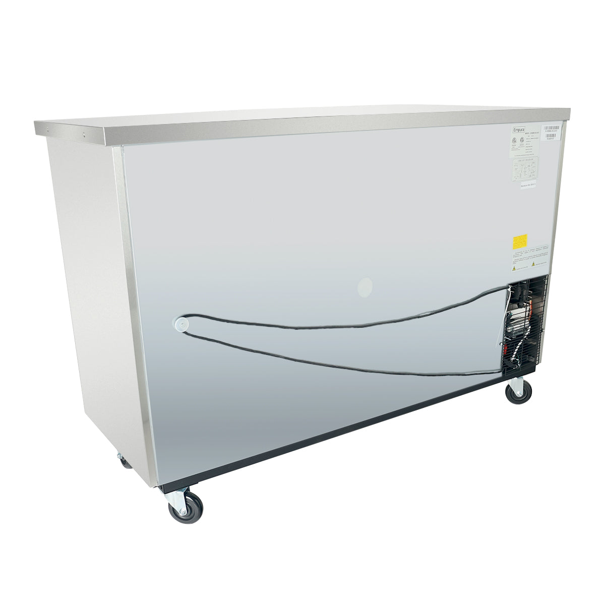 A commercial Empura refrigeration stainless steel cooler on four caster wheels, with a flat top and a front panel showing a compressor unit and wiring. The cooler’s surface is reflective and industrial in appearance.