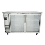 A commercial Empura glass door refrigerator with two metal-handled doors, wire shelves, and a left-side control panel. This Empura refrigeration unit stands on wheels and includes a ventilation grate—ideal as a back bar cooler.