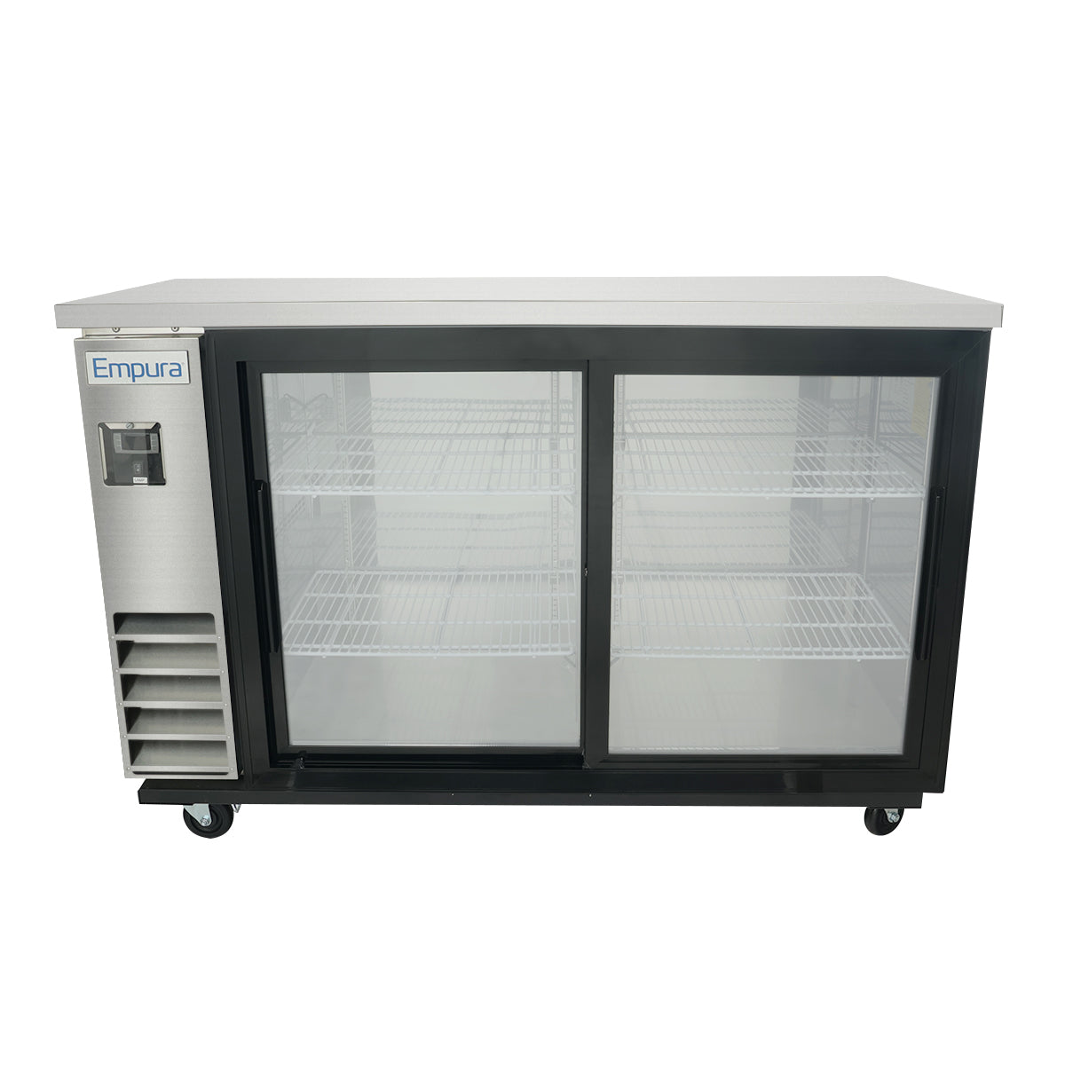 An Empura Refrigeration undercounter back bar cooler features two sliding glass doors, wire shelves, black trim, four caster wheels, and a front-left control panel labeled Empura. The unit is empty and set against a plain white background.