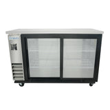 An Empura Refrigeration undercounter back bar cooler features two sliding glass doors, wire shelves, black trim, four caster wheels, and a front-left control panel labeled Empura. The unit is empty and set against a plain white background.