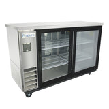 A commercial Empura refrigeration back bar cooler with two sliding glass doors, wire shelves inside, and the brand name on the top left. The unit is on wheels and features a vented cooling system on the lower left side.
