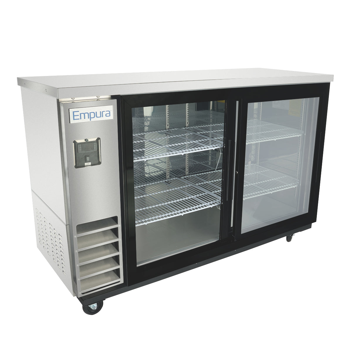 An Empura Refrigeration back bar cooler with two sliding glass doors, metal wire shelves, ventilation grilles on the lower left, and smooth-rolling wheels for easy mobility. The sleek stainless steel finish enhances any commercial space.