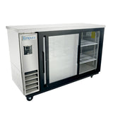 This Empura Refrigeration Back Bar Cooler features two sliding glass doors, shelves inside, a black frame, and a solid vented panel on the left with the Empura logo. The unit is on wheels for easy mobility.
