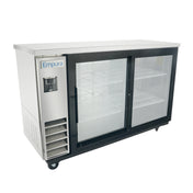 A back bar cooler with a stainless steel body, sliding glass doors, white wire shelves, and a digital display on the left. The unit sits on small wheels and is branded “Empura” on the top left corner—perfect for efficient Empura refrigeration.