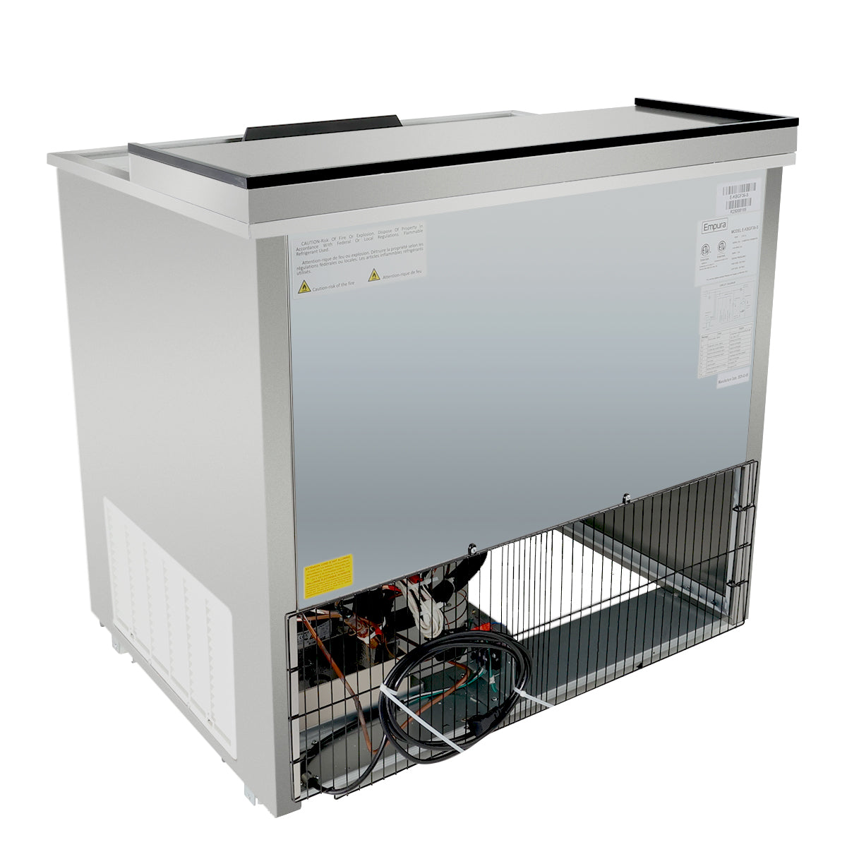 A commercial stainless steel freezer beverage cooler with a sliding glass top. The front panel is open, revealing internal mechanical components, wires, and a control board. A safety warning is visible inside, with a wire guard covering the lower opening.