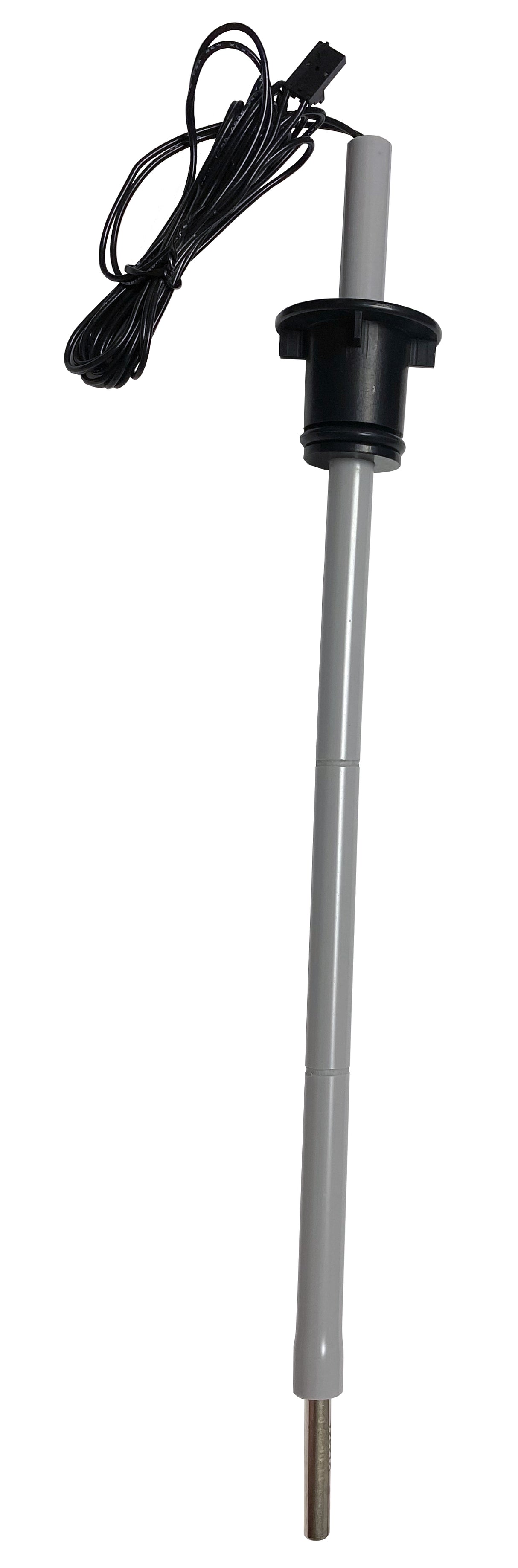 A long, gray plastic probe with a metallic tip at the bottom, utilizing thermistor technology, features a black circular flange near the top and a long black electrical cable ending in a black connector. Perfect for Basic Ice Level Control in dispenser applications.