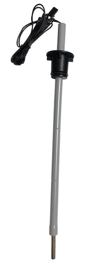 A long, gray plastic probe with a metallic tip at the bottom, utilizing thermistor technology, features a black circular flange near the top and a long black electrical cable ending in a black connector. Perfect for Basic Ice Level Control in dispenser applications.