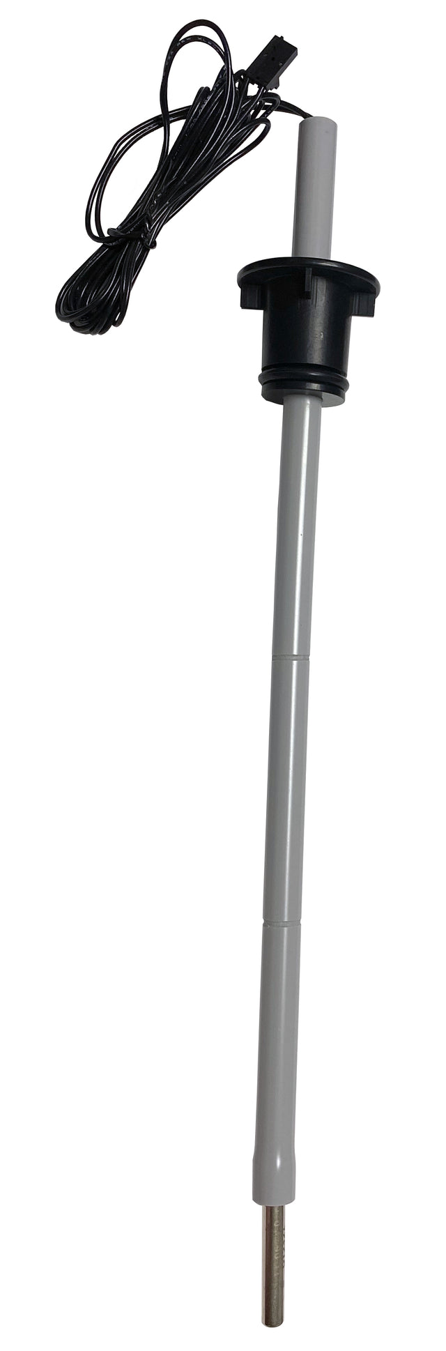 A long, gray plastic probe with a metallic tip at the bottom, utilizing thermistor technology, features a black circular flange near the top and a long black electrical cable ending in a black connector. Perfect for Basic Ice Level Control in dispenser applications.