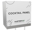 A metallic box labeled MasterTap Pre-Mixed Cocktail Panel in bold black letters, with MASTERTAP BEVERAGE DISPENSING SYSTEMS below. The white front panel features decorative black lines and circles at the corners. The background is plain white.