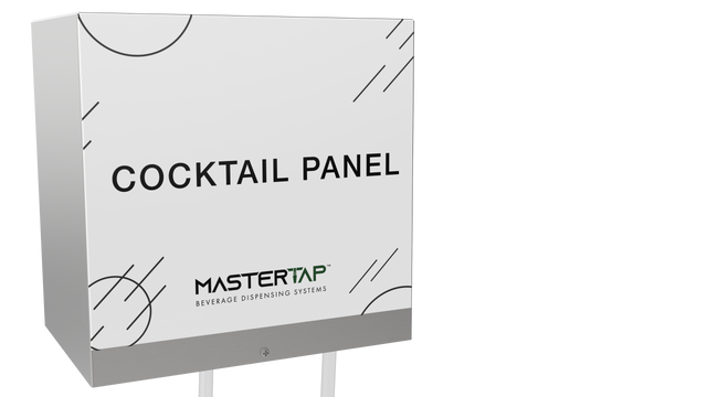A metallic box labeled MasterTap Pre-Mixed Cocktail Panel in bold black letters, with MASTERTAP BEVERAGE DISPENSING SYSTEMS below. The white front panel features decorative black lines and circles at the corners. The background is plain white.