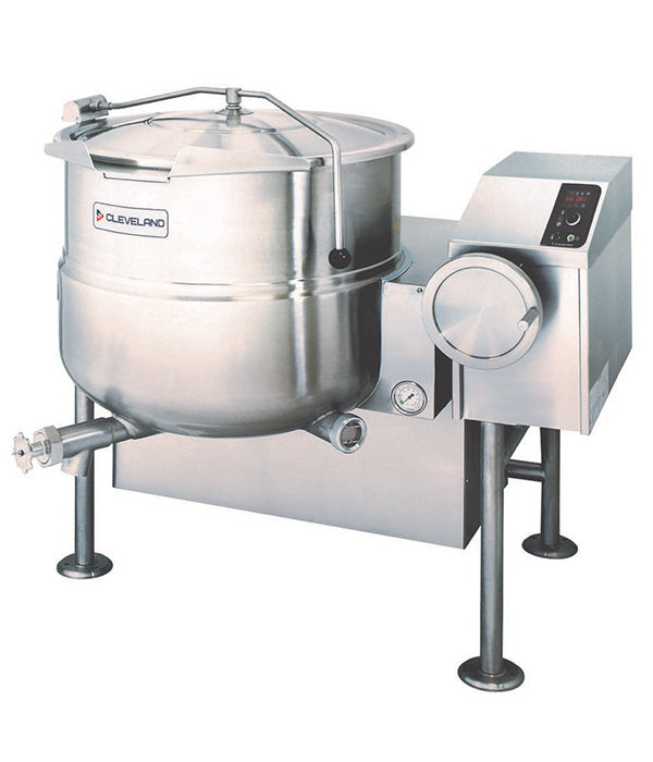A large industrial stainless steel 40-gallon steam jacketed kettle with a closed lid, mounted on four legs. It features a side control panel with buttons and a display, pressure gauge, and front spout for draining. Brand label reads Cleveland—ideal commercial kitchen equipment.
