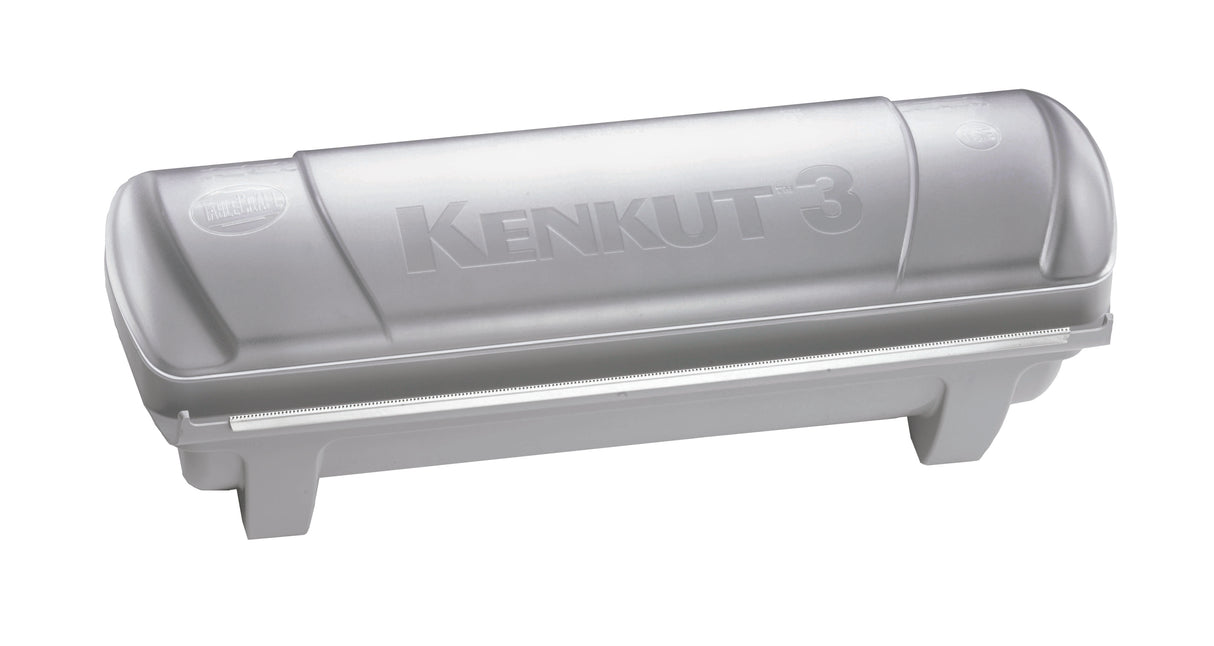 A translucent gray plastic KenKut 3 Dispenser with a rounded lid, labeled “KENKUT 3,” and a visible cutting edge along the front, this foil roll dispenser neatly holds and cuts rolls of plastic wrap or aluminum foil on four short legs.