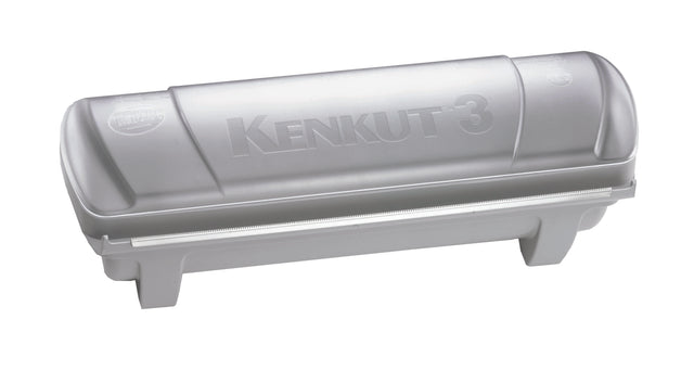 A translucent gray plastic KenKut 3 Dispenser with a rounded lid, labeled “KENKUT 3,” and a visible cutting edge along the front, this foil roll dispenser neatly holds and cuts rolls of plastic wrap or aluminum foil on four short legs.