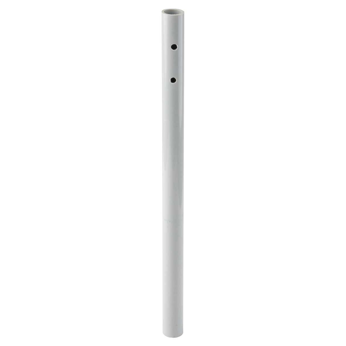 A vertical, cylindrical metal tube with a smooth silver finish, resembling a dowel rod, features two pairs of evenly spaced round holes near the top. The plain tube has a hollow interior visible at the top end and stands against a white background.