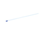 A single transparent plastic straw with a blue wrapper on one end, lying diagonally on a plain white background—dishwasher safe for easy cleaning.