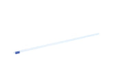 A single transparent plastic straw with a blue wrapper on one end, lying diagonally on a plain white background—dishwasher safe for easy cleaning.