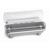 A gray, rectangular KenKut dispenser with a clear, hinged lid is open to reveal a slot for film or roll insertion, a cutting mechanism, and rollers. The dishwasher safe lid is embossed with “KENKOL,” and compatible with Replacement Slide Cutter Blades.