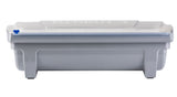 A rectangular gray plastic film dispenser, the KenKut 3 Dispenser features a translucent lid with a blue knob on the left side. “KENKUT 3” is embossed on the lid. The container stands on four short legs and has a slightly indented side design.