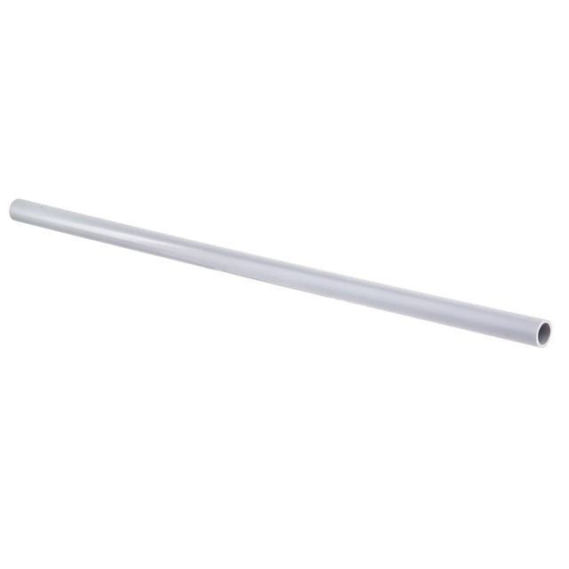 A single, smooth, light gray PVC pipe is shown diagonally on a white background. Reminiscent of a TableCraft dowel rod, the pipe is cylindrical, hollow, and unmarked, with one open end visible.