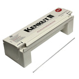 A white NSF approved KenKut 3 plastic film or foil rolls dispenser sits on a flat surface. The lid displays the brand name in large black letters, with instructions and a red “Patent Pending” label. A metal cutting strip is shown separately in front.