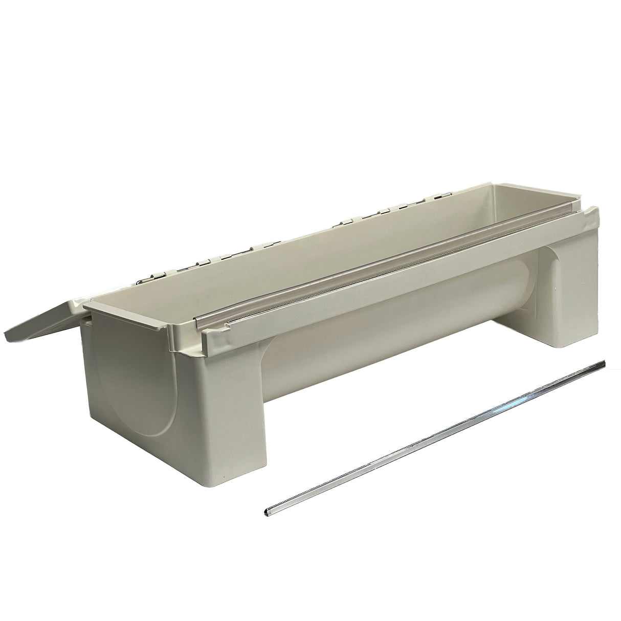A white, rectangular plastic poultry feeder with raised ends, a detachable lid partially open on one side, and a metal rod placed in front of it. Similar to an NSF approved KenKut II dispenser, its smooth design stands out against a plain white background.