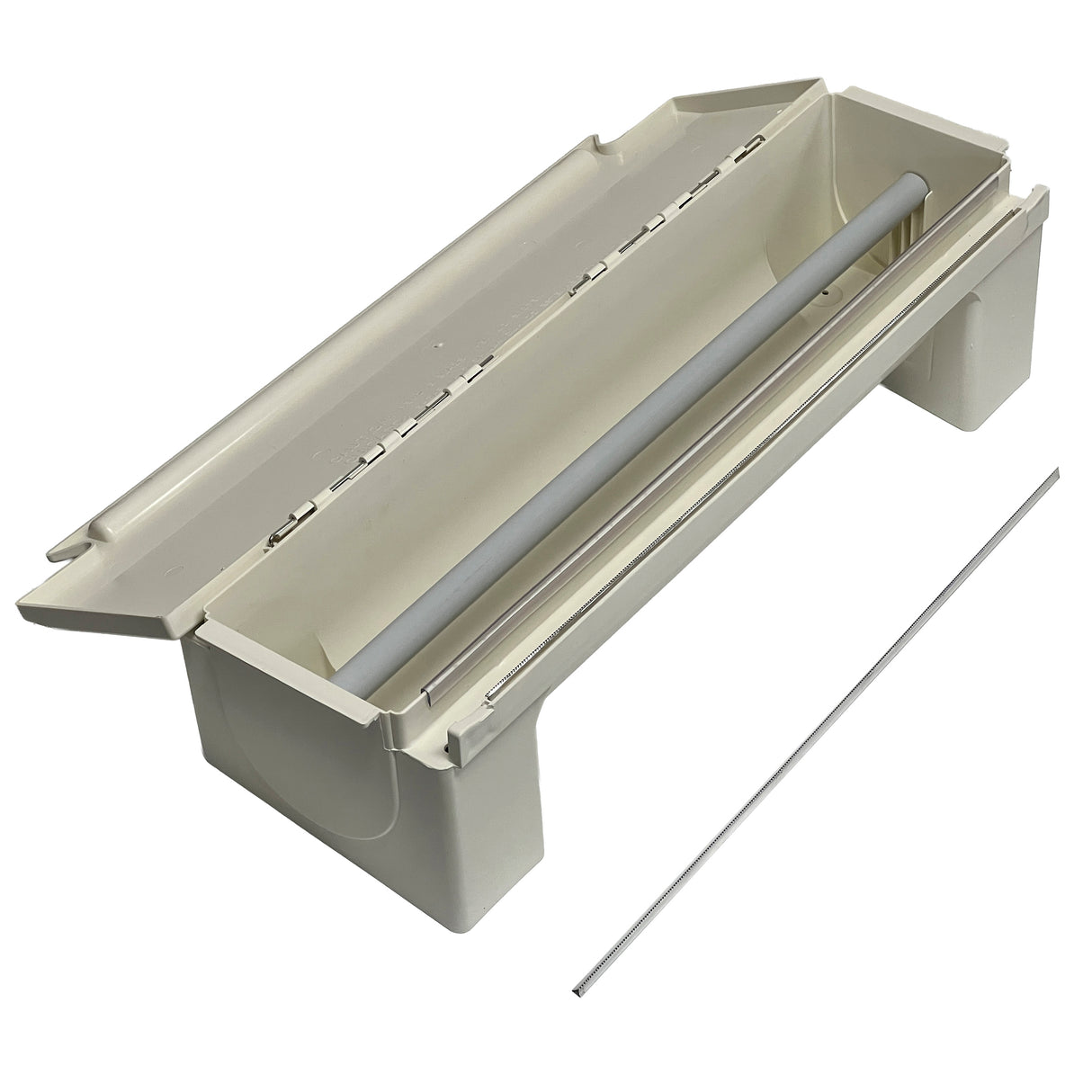 A beige plastic KenKut II dispenser miter box with slotted sides and a grey cylindrical rod inside sits on a white background. Next to the box is a thin, straight silver metal rod, placed parallel, ideal for film or foil rolls dispenser use.