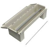 A beige plastic KenKut II dispenser miter box with slotted sides and a grey cylindrical rod inside sits on a white background. Next to the box is a thin, straight silver metal rod, placed parallel, ideal for film or foil rolls dispenser use.