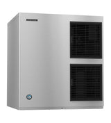 A silver, rectangular Hoshizaki Cube-Style ice maker with a brushed metal finish. Two black vent grilles are stacked on the right side, while the brand logo and a blue certification sticker are on the upper left and lower left corners, respectively.
