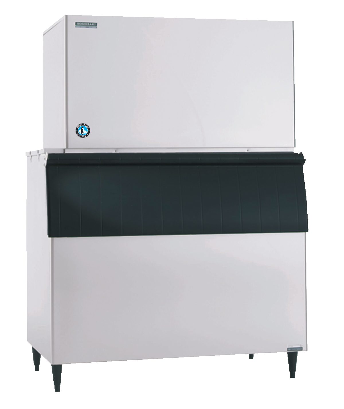 A large Hoshizaki Ice Maker with a white upper section and black front lower bin stands on four legs. The top section features a small round blue and white sticker. Its utilitarian, industrial design is ideal for making crescent cube ice in restaurants or cafeterias.