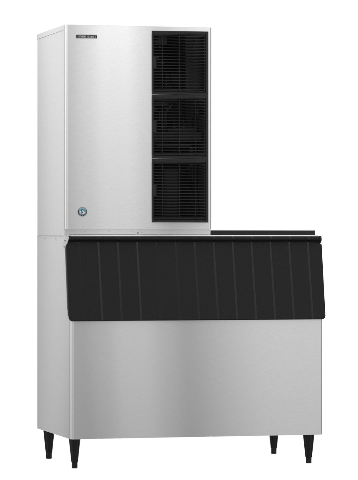 A Hoshizaki ice maker featuring a tall, stainless steel unit on top and a large, black-lidded storage bin below. This machine produces crescent cube ice and stands on four legs with multiple black ventilation grilles above.